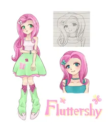 Size: 1200x1400 | Tagged: safe, artist:madokakoaki, derpibooru import, fluttershy, human, blushing, boots, bracelet, clothes, cute, dress, female, fluttershy's skirt, humanized, image, jewelry, jpeg, necklace, shoes, shyabetes, simple background, skirt, socks, solo, stockings, tanktop, thigh highs, white background