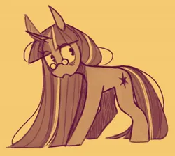 Size: 1544x1384 | Tagged: safe, artist:shouldbedrawing, derpibooru import, twilight sparkle, pony, unicorn, eye clipping through hair, female, glasses, horn, image, jpeg, long legs, long mane, looking at you, mare, monochrome, open mouth, round glasses, simple background, solo, unicorn twilight, yellow background