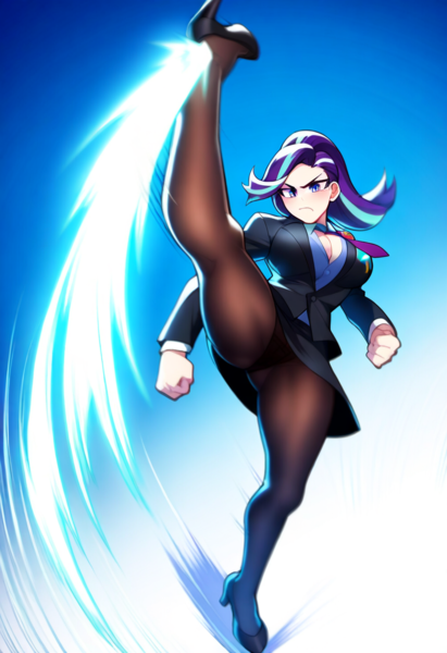 Size: 832x1216 | Tagged: prompter needed, suggestive, ai content, derpibooru import, machine learning generated, novelai, stable diffusion, starlight glimmer, human, equestria girls, air slice, breasts, business suit, cleavage, clothes, female, g4, high heels, high kick, image, kick, kicking, legs, martial arts, panties, pantyhose, png, rankyaku, shoes, skirt, suit, tempest kick, underwear, upskirt