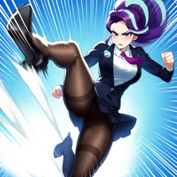 Size: 1024x1024 | Tagged: prompter needed, suggestive, ai content, derpibooru import, machine learning generated, novelai, stable diffusion, starlight glimmer, human, equestria girls, breasts, business suit, clothes, female, flying kick, g4, high heels, image, kick, kicking, legs, martial arts, pantyhose, png, schrödinger's pantsu, shoes, skirt, suit, upskirt