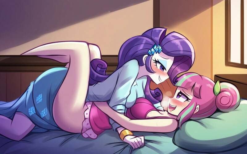 Size: 1024x640 | Tagged: prompter needed, questionable, ai content, derpibooru import, machine learning assisted, machine learning generated, rarity, sour sweet, human, equestria girls, bed, bedroom, bedroom eyes, blushing, female, g4, image, jpeg, lesbian, sex, shipping, sourity