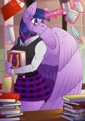 Size: 2141x3039 | Tagged: safe, artist:grumpygriffcreation, derpibooru import, twilight sparkle, twilight sparkle (alicorn), alicorn, anthro, book, clothes, friendship journal, image, magic, png, quill, skirt, solo