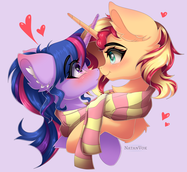 Size: 4700x4320 | Tagged: safe, artist:natanvok, derpibooru import, sunset shimmer, twilight sparkle, pony, unicorn, absurd resolution, blushing, clothes, crossed horns, cute, duo, duo female, ear fluff, eye contact, eyebrows, eyebrows visible through hair, female, g4, heart, horn, horns are touching, image, lesbian, looking at each other, looking at someone, mare, png, profile, scarf, shared clothing, shared scarf, shimmerbetes, shipping, striped scarf, sunsetsparkle, twiabetes