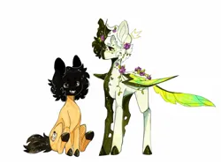 Size: 1597x1187 | Tagged: safe, artist:m00nkachu, derpibooru import, oc, unofficial characters only, changeling, earth pony, pony, duo, female, flower, flower in hair, heterochromia, horn, image, jpeg, mare, simple background, sitting, substrate body, white background