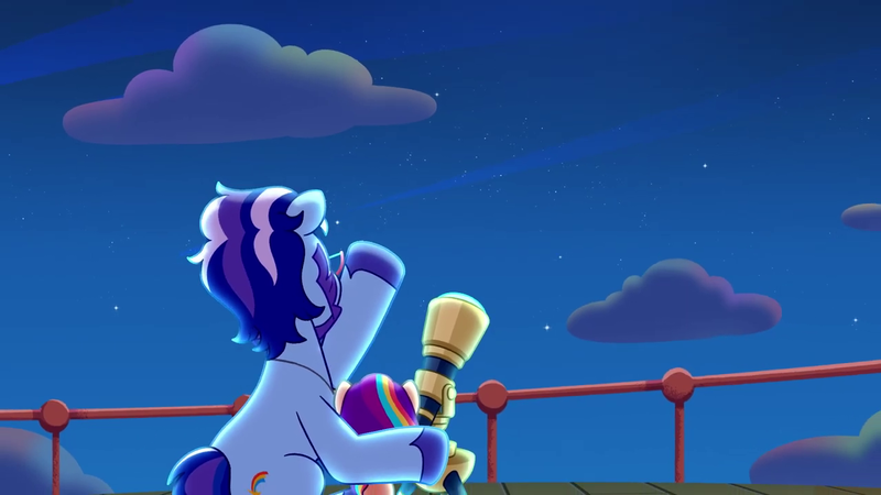 Size: 1280x720 | Tagged: safe, derpibooru import, screencap, sunny starscout, earth pony, pony, g5, spoiler:tyts02e11, argyle starshine, female, filly, filly sunny starscout, image, night, png, telescope, written in the starscouts, younger