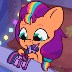 Size: 712x710 | Tagged: safe, derpibooru import, edit, screencap, sunny starscout, twilight sparkle, earth pony, pony, g5, my little pony: tell your tale, spoiler:g5, spoiler:my little pony: tell your tale, spoiler:tyts02e11, animated, chewing, cropped, cute, daaaaaaaaaaaw, eating, female, filly, filly sunny starscout, gif, image, nom, solo, sunny and her heroine, sunnybetes, toy, written in the starscouts, younger