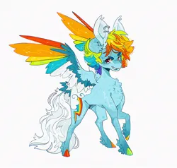 Size: 960x915 | Tagged: safe, artist:m00nkachu, derpibooru import, rainbow dash, pegasus, pony, alternate design, chest fluff, ear piercing, earring, female, g4, image, jewelry, jpeg, mare, piercing, simple background, solo, spread wings, white background, winged hooves, wings