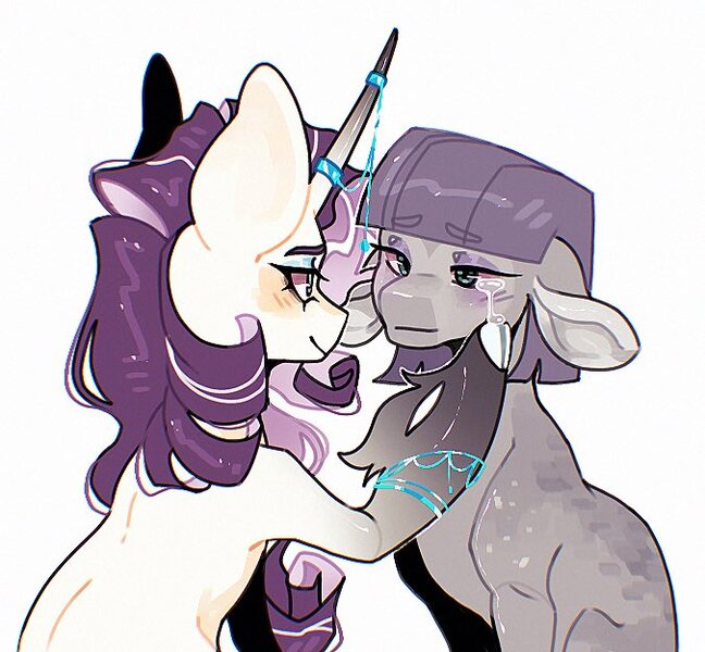 Size: 675x625 | Tagged: safe, artist:m00nkachu, derpibooru import, maud pie, rarity, earth pony, pony, unicorn, alternate design, bracelet, crying, duo, female, g4, horn, horn jewelry, image, jewelry, jpeg, lesbian, mare, ship:rarimaud, shipping, simple background, unshorn fetlocks, white background