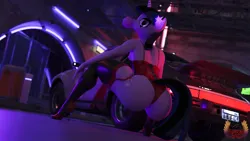 Size: 3840x2160 | Tagged: suggestive, artist:loveslove, derpibooru import, twilight sparkle, anthro, plantigrade anthro, unicorn, 3d, ass, blurry background, breasts, bubblegum, busty twilight sparkle, butt, car, clothes, crossover, cyberpunk 2077, female, food, glow, glowing horn, gum, high heels, high res, horn, image, latex, looking at you, looking back, looking back at you, neon, png, porsche, porsche 911, shoes, solo, solo female, tail, twibutt, vehicle