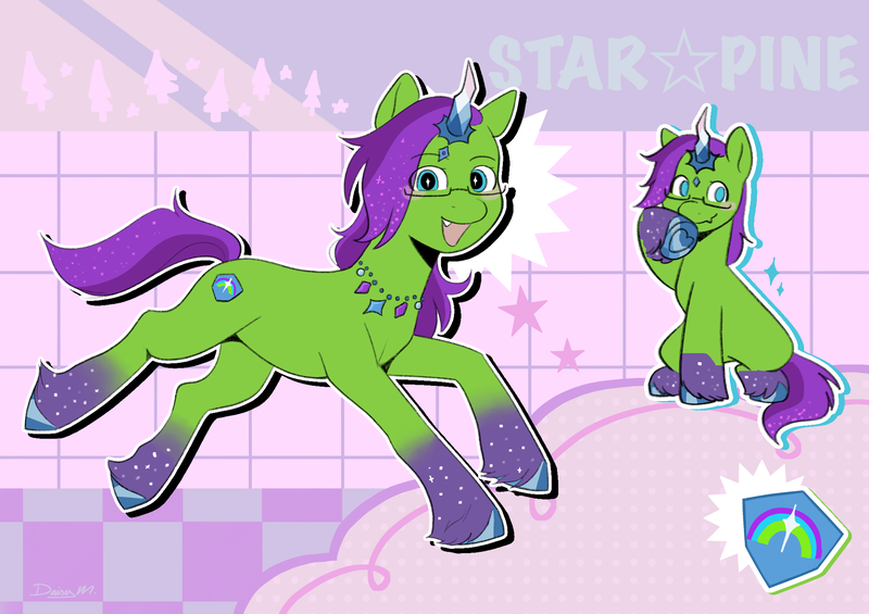 Size: 4132x2919 | Tagged: safe, artist:daisy_marshmallow, derpibooru import, oc, oc:star pine, pony, g5, auroricorn, auroricorn oc, female, glasses, high res, image, jewelry, mare, necklace, png, reference sheet, sharp teeth, solo, teeth, text