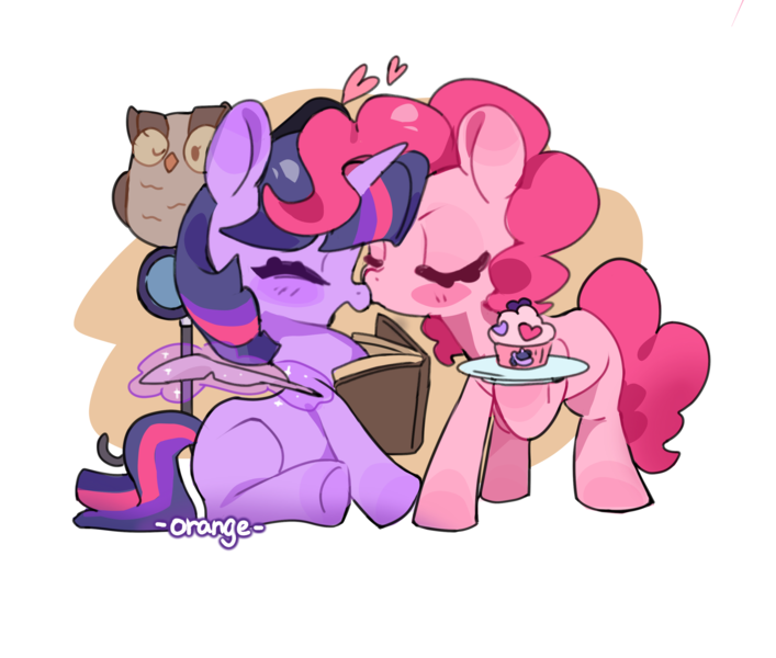 Size: 2944x2500 | Tagged: safe, artist:chengzi82020, derpibooru import, owlowiscious, pinkie pie, twilight sparkle, bird, earth pony, owl, pony, unicorn, abstract background, blushing, book, cupcake, eyes closed, female, food, heart, horn, image, kissing, lesbian, mare, nose kiss, plate, png, quill, shipping, sitting, twinkie