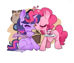 Size: 2944x2500 | Tagged: safe, artist:chengzi82020, derpibooru import, owlowiscious, pinkie pie, twilight sparkle, bird, earth pony, owl, pony, unicorn, abstract background, blushing, book, cupcake, eyes closed, female, food, heart, horn, image, kissing, lesbian, mare, nose kiss, plate, png, quill, shipping, sitting, twinkie