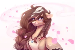 Size: 3000x2000 | Tagged: safe, artist:sparkling_light, derpibooru import, oc, oc:ondrea, unofficial characters only, pegasus, pony, crying, female, floppy ears, image, jewelry, mare, pegasus oc, pendant, petals, png, simple background, skull, white background, wings