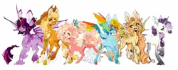 Size: 1548x614 | Tagged: safe, artist:m00nkachu, derpibooru import, applejack, fluttershy, pinkie pie, rainbow dash, rarity, twilight sparkle, twilight sparkle (alicorn), alicorn, bat pony, bat pony alicorn, classical unicorn, earth pony, pegasus, pony, unicorn, alternate design, applejack's hat, bat ponified, bat wings, bow, bracelet, braid, chest fluff, cloven hooves, coat markings, colored hooves, cowboy hat, ear tufts, fangs, feathered fetlocks, female, fetlock tuft, flutterbat, gradient legs, hair bow, hat, horn, horn jewelry, hybrid wings, image, jewelry, jpeg, leonine tail, mane six, mare, necklace, race swap, raised hoof, simple background, socks (coat marking), spread wings, twitterina design, unshorn fetlocks, white background, winged hooves, wings