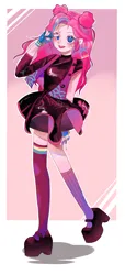 Size: 1445x3181 | Tagged: safe, artist:zhen573233, derpibooru import, pinkie pie, human, abstract background, clothes, dress, humanized, image, long socks, open mouth, peace sign, platform boots, png, smiling, solo