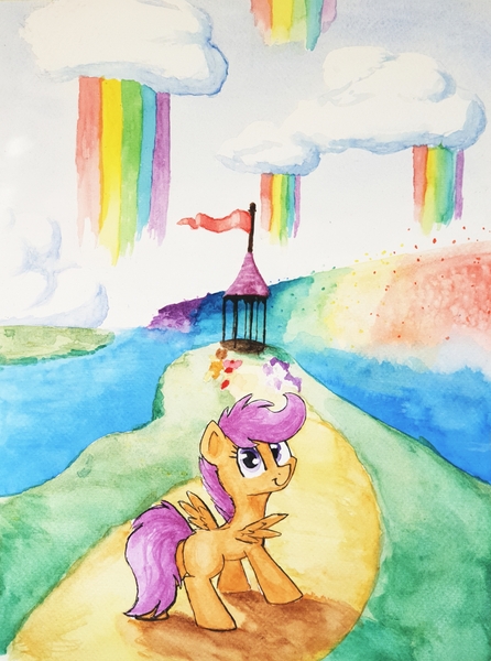 Size: 2000x2689 | Tagged: safe, artist:chevaleto, derpibooru import, apple bloom, applejack, rarity, scootaloo, sweetie belle, pegasus, pony, sleepless in ponyville, cloud, derpibooru exclusive, female, filly, flag, foal, g4, high res, image, implied rainbow dash, jpeg, lake, looking at you, mare, path, rainbow waterfall, scene interpretation, spread wings, traditional art, water, watercolor painting, wings, winsome falls