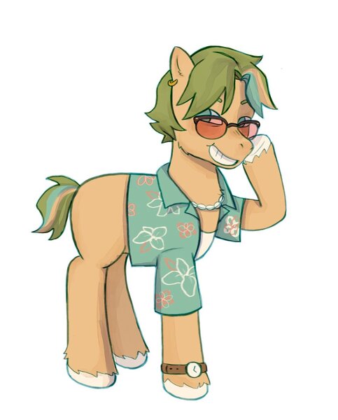 Size: 1116x1386 | Tagged: safe, artist:kiyrox, derpibooru import, oc, oc:pandan leaves, earth pony, pony, blank flank, clothes, ear piercing, earring, hawaiian shirt, image, jewelry, jpeg, male, necklace, piercing, shirt, simple background, stallion, sunglasses, t-shirt, unshorn fetlocks, watch, white background, wristwatch