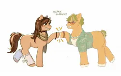 Size: 2048x1290 | Tagged: safe, artist:kiyrox, artist:rackinbrains, derpibooru import, oc, oc:pandan leaves, unofficial characters only, earth pony, pony, blank flank, choker, clothes, duo, female, hawaiian shirt, headband, hoofbump, image, jewelry, jpeg, leg warmers, looking at each other, looking at someone, male, mare, necklace, scarf, shirt, simple background, stallion, sunglasses, unshorn fetlocks, white background