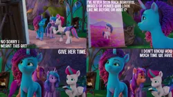 Size: 2000x1125 | Tagged: safe, derpibooru import, edit, edited screencap, editor:quoterific, screencap, izzy moonbow, zipp storm, earth pony, pegasus, pony, unicorn, g5, my little pony: make your mark, adorazipp, cute, family trees, horn, image, misty brightdawn, my little pony: make your mark chapter 5, painting, png