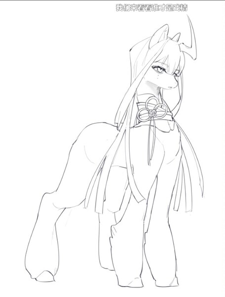Size: 632x832 | Tagged: safe, artist:__baiq, derpibooru import, oc, unofficial characters only, pony, unicorn, black and white, clothes, curved horn, female, grayscale, horn, image, jpeg, mare, monochrome, simple background, sketch, solo, unshorn fetlocks, white background