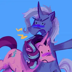 Size: 2048x2048 | Tagged: safe, artist:sunsetzine, derpibooru import, starlight glimmer, trixie, pony, unicorn, angry, blue background, blushing, curved horn, duo, female, g4, horn, hug, image, jpeg, lesbian, mare, shipping, simple background, startrix, sweat, yelling