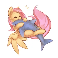 Size: 2500x2500 | Tagged: safe, artist:mirroredsea, derpibooru import, fluttershy, pegasus, pony, shark, commission, cute, eyes closed, female, image, jpeg, long tail, mare, nom, plushie, shark plushie, simple background, smiling, solo, tail, white background, wings, ych example, your character here