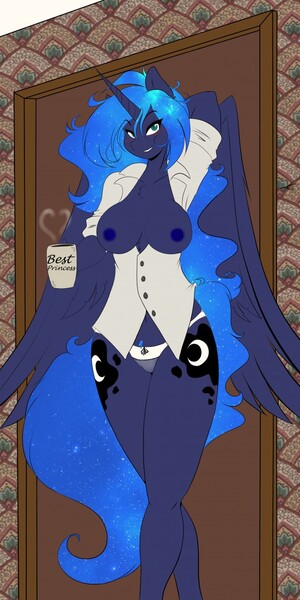 Size: 640x1280 | Tagged: questionable, artist:flanaganisking, artist:mastergodai, derpibooru import, princess luna, alicorn, anthro, arm behind head, best princess, blushing, breasts, chest fluff, clothes, coffee mug, colored, door, female, grin, image, jpeg, messy mane, mug, nipples, nudity, open clothes, open shirt, panties, smiling, solo, solo female, underwear