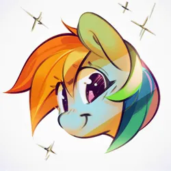 Size: 2048x2048 | Tagged: safe, artist:mirroredsea, derpibooru import, rainbow dash, pegasus, pony, bust, female, image, jpeg, looking at you, mare, portrait, simple background, smiling, sparkles, white background