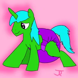 Size: 640x640 | Tagged: safe, artist:joeydr, derpibooru import, oc, oc:green byte, pony, unicorn, diaper, diaper fetish, fetish, horn, image, male, pink background, png, poofy diaper, simple background, solo, stallion