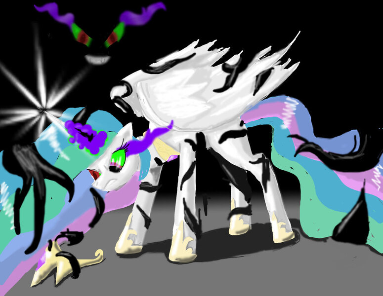 Size: 1024x793 | Tagged: artist needed, questionable, derpibooru import, king sombra, princess celestia, alicorn, pony, umbrum, unicorn, fanfic, fanfic:the domain of sombra, corrupted, dark magic, duo, duo male and female, fanfic art, fanfic cover, female, glow, glowing horn, horn, image, imminent sex, jewelry, jpeg, linked fanfic, magic, male, male and female, peytral, possessing, shadows, smoke form, sombra eyes, spread wings, tendrils, tiara, wings