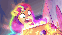 Size: 1280x720 | Tagged: safe, derpibooru import, screencap, sunny starscout, zipp storm, earth pony, pegasus, pony, g5, my little pony: tell your tale, spoiler:g5, spoiler:my little pony: tell your tale, spoiler:tyts02e11, :o, absurd file size, absurd gif size, animated, crystal brighthouse, female, filly, filly sunny starscout, gif, image, magic, male, mare, open mouth, scrapbook, stallion, written in the starscouts, younger
