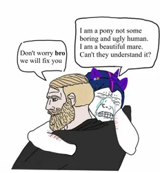 Size: 1365x1469 | Tagged: safe, derpibooru import, twilight sparkle, human, unicorn, beard, chad, clothes, cosplay, costume, crying, facial hair, horn, hug, image, jpeg, meme, no pony, nordic gamer, op is a duck, op is trying to start shit, wojak, yes
