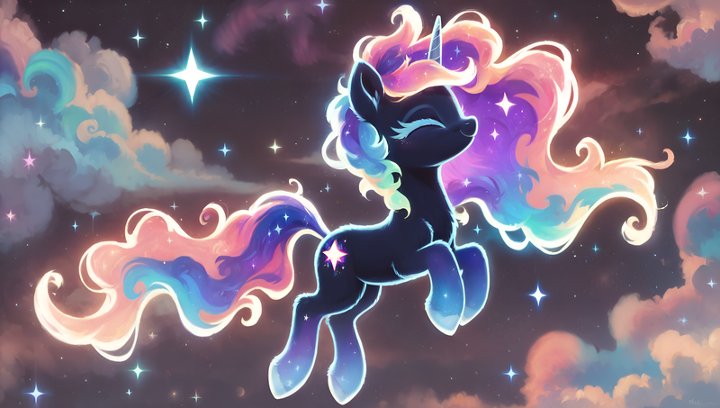 Size: 3840x2176 | Tagged: prompter needed, safe, ai content, derpibooru import, edit, generator:autismmixconfetti, machine learning generated, novelai, stable diffusion, oc, unofficial characters only, pony, unicorn, cloud, ethereal mane, ethereal tail, eyes closed, female, floating, full body, glow, glowing horn, high res, horn, image, mare, nebula, png, side view, smiling, solo, stars, tail, unicorn oc, wallpaper