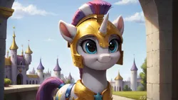 Size: 3840x2160 | Tagged: safe, ai content, derpibooru import, generator:autismmixconfetti, machine learning generated, prompter:truekry, stable diffusion, oc, unofficial characters only, pony, unicorn, canterlot castle, cloud, female, g4, helmet, high res, horn, image, looking at you, mare, png, royal guard, sky, smiling, smiling at you, solo, upper body