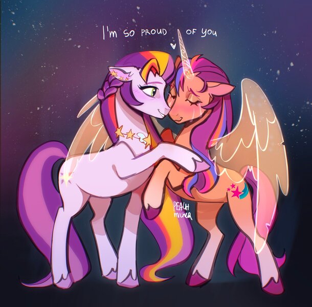 Size: 2219x2181 | Tagged: safe, artist:peachmichea, derpibooru import, sunny starscout, alicorn, earth pony, pony, g5, my little pony: a new generation, artificial horn, artificial wings, augmented, blushing, crying, duo, duo female, eyes closed, female, floppy ears, horn, hug, image, jewelry, jpeg, magic, magic horn, magic wings, mare, mother and child, mother and daughter, necklace, race swap, raised hoof, signature, smiling, spread wings, sunny starscout's mother, sunnycorn, tail, tears of joy, unshorn fetlocks, wings