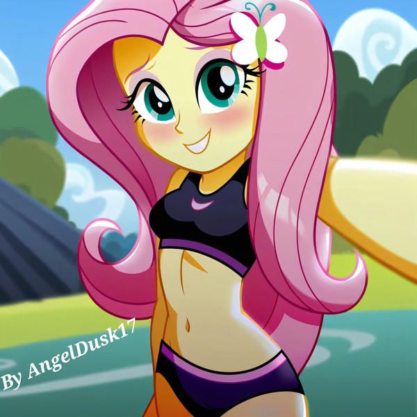 Size: 4096x4096 | Tagged: safe, ai content, derpibooru import, machine learning generated, prompter:angeldusk17, fluttershy, equestria girls, clothes, cloud, g4, image, jpeg, photoshop, selfie, sky, sports, sports bra, sports outfit, sports panties, tree