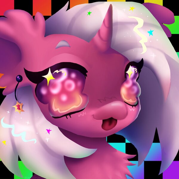 Size: 2537x2537 | Tagged: oc name needed, safe, artist:larvaecandy, derpibooru import, oc, unofficial characters only, pony, unicorn, :3, big ears, big eyes, checkered background, chest fluff, colored eyebrows, colored sclera, commission, ear fluff, eyelashes, freckles, gradient eyes, high res, horn, image, jpeg, lidded eyes, lineless, long mane, looking at you, patterned background, pink coat, profile picture, purple sclera, shiny mane, smiling, smiling at you, solo, sparkly eyes, sparkly mane, tongue out, two toned eyes, unicorn horn, unicorn oc, white mane, wingding eyes