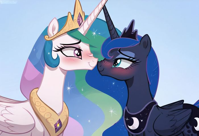 Size: 700x479 | Tagged: safe, ai content, derpibooru import, machine learning generated, stable diffusion, princess celestia, princess luna, alicorn, blushing, boop, duo, duo female, female, g4, generator:pony diffusion v6 xl, horn, horns, horns are touching, image, incest, lesbian, looking at each other, looking at someone, nose wrinkle, noseboop, png, royal sisters, ship:princest, shipping, siblings, sisters, smiling, smiling at each other, wings