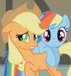 Size: 515x545 | Tagged: safe, derpibooru import, edit, edited screencap, editor:twilyisbestpone, screencap, applejack, rainbow dash, earth pony, pegasus, pony, season 1, swarm of the century, cropped, duo, duo female, female, floppy ears, g4, image, inverted mouth, looking at you, mare, png, raised hoof, smiling, smiling at you