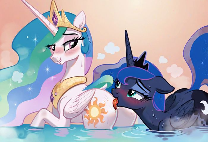 Size: 700x479 | Tagged: suggestive, ai content, anonymous prompter, derpibooru import, machine learning generated, princess celestia, princess luna, alicorn, pony, bedroom eyes, blushing, butt, butt licking, female, floppy ears, g4, image, incest, lesbian, licking, partially submerged, plot, png, royal sisters, ship:princest, shipping, siblings, sisters, tongue out, water, wet, wings