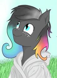 Size: 819x1120 | Tagged: safe, artist:minecake, derpibooru import, oc, oc:prism faithglow, unofficial characters only, bat pony, blue eyes, bust, clothes, freckles, gradient mane, image, png, portrait, priestess, robes