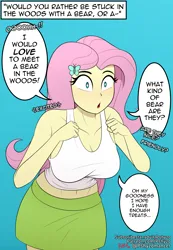 Size: 3113x4500 | Tagged: safe, artist:pshyzomancer, derpibooru import, fluttershy, human, equestria girls, belly button, breasts, busty fluttershy, clothes, cute, dialogue, excited, g4, hairpin, humanized, image, leaning forward, meme, png, simple background, skirt, sparkly eyes, tanktop, text, wingding eyes