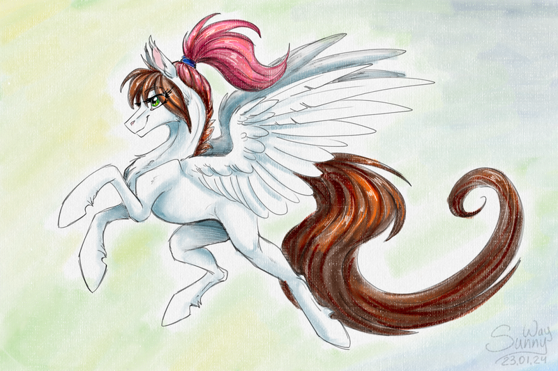 Size: 1600x1066 | Tagged: safe, artist:sunny way, derpibooru import, oc, oc:sunny way, horse, pegasus, pony, art, artwork, cartoon, concave belly, digital art, feather, female, fit, fluffy, flying, fur, g4, image, ipad, lacrimal caruncle, long tail, mare, muscles, png, realistic paint studio, slender, solo, spread wings, sternocleidomastoid, tail, thin, traditional art, watercolor painting, wings