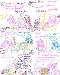 Size: 4779x6013 | Tagged: safe, artist:adorkabletwilightandfriends, derpibooru import, pinkie pie, roseluck, spike, starlight glimmer, sunburst, oc, oc:cindy, pony, comic:adorkable twilight and friends, adorkable, adorkable friends, air conditioner, bag, bouncing, box, cardboard box, carrot, cherry, comic, confused, cute, debris, delivery, delivery pony, dirt, dork, flower, food, gardening, grocery store, happy, humor, image, jumping, orange, png, pollen, silly, silly face, silly pony, sitting, smiling, strawberry, waving