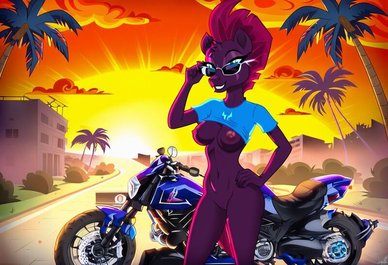 Size: 1216x832 | Tagged: questionable, ai content, machine learning generated, stable diffusion, tempest shadow, anthro, unicorn, biker, busty tempest shadow, clothes, exhibitionism, exposed breasts, flirty, hand on hip, highway, hotel, image, inviting, jpeg, motorcycle, nudity, palm tree, pinup, seductive pose, sexy, shirt, smiling, solo, standing, sunbathing, sunglasses, sunset, t-shirt lift