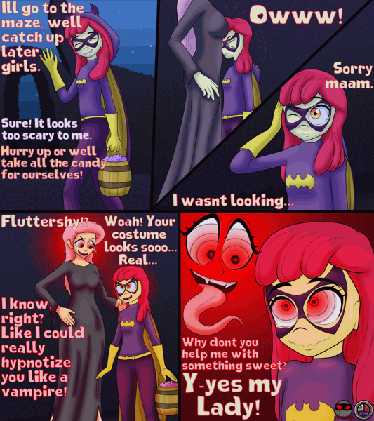 Size: 1778x2000 | Tagged: questionable, artist:hypnoninja33, artist:ordeperv, derpibooru import, apple bloom, fluttershy, bat pony, human, undead, vampire, equestria girls, animated, bat ponified, batgirl, bloomsub, candy, clothes, cosplay, costume, dc comics, fangs, female, females only, flutterbat, flutterdom, food, g4, gif, glow, glowing eyes, halloween, holiday, humanized, hypnosis, hypnotized, image, race swap, swirly eyes, text, tongue out