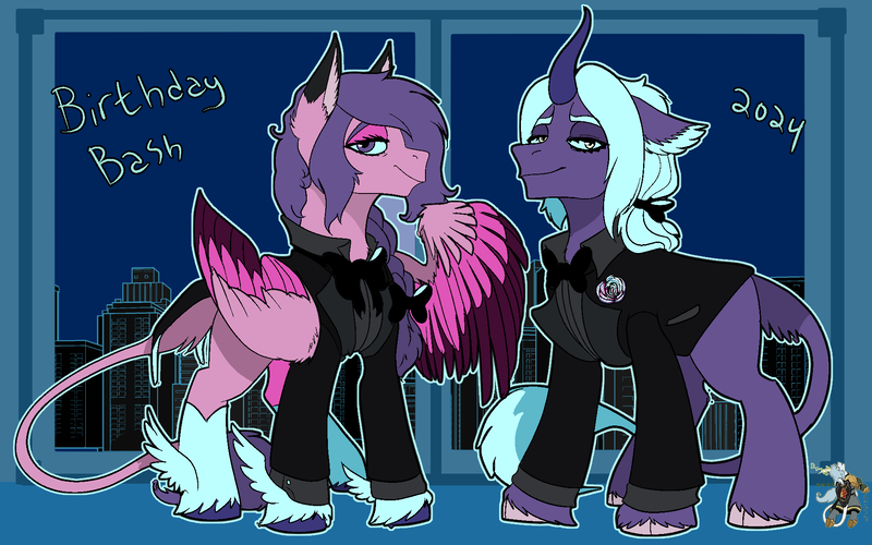 Size: 1920x1200 | Tagged: safe, artist:brainiac, derpibooru import, oc, oc:hades (brainiac), oc:hythlodaeus (brainiac), ponified, pegasus, pony, unicorn, birthday, crossover, emet-selch, final fantasy, final fantasy xiv, horn, hythlodaeus, image, male, png, stallion