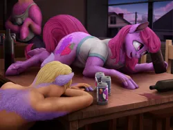 Size: 2000x1500 | Tagged: safe, artist:geoffrey mcdermott, derpibooru import, berry punch, berryshine, cherry berry, earth pony, pony, alcohol, bottle, can, chair, clothes, digital painting, drink, drunk, female, human to pony, image, indoors, light skin, lying down, mare, mid-transformation, night, on table, png, power line, prone, shirt, spill, spilled drink, table, transformation, trio, window, wine, wine bottle