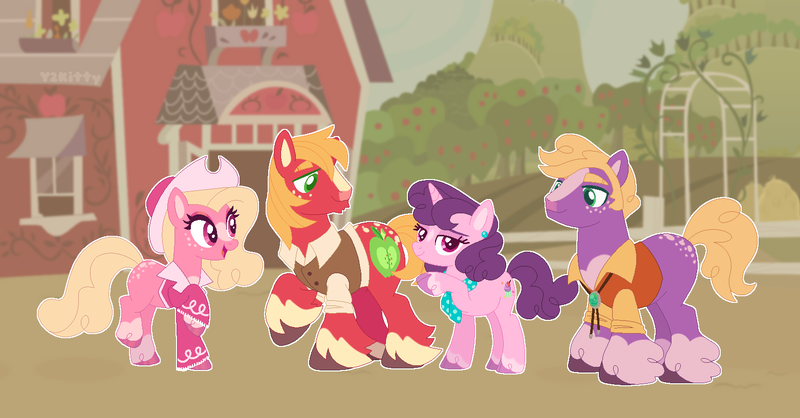 Size: 1563x817 | Tagged: safe, artist:y2kitty, derpibooru import, big macintosh, little mac, sugar belle, oc, oc:pink lady, earth pony, pony, female, hat, image, mare, offspring, parent:big macintosh, parent:sugar belle, parents:sugarmac, png