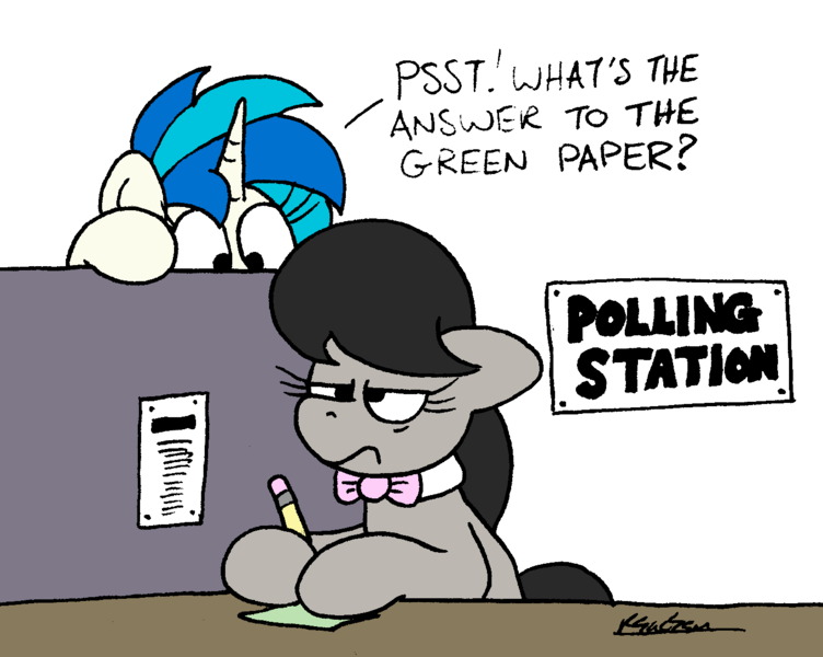 Size: 1428x1140 | Tagged: safe, artist:bobthedalek, derpibooru import, octavia melody, vinyl scratch, earth pony, pony, unicorn, horn, image, octavia is not amused, pencil, png, unamused, voting